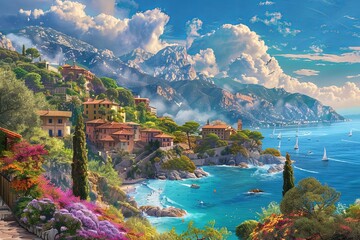 Gaze at the stunning interplay of vibrant flowers and tranquil waters beneath majestic mountains in a coastal paradise. Generative AI