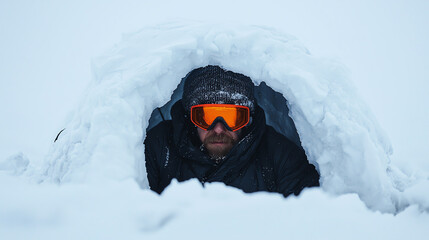 Survivalists battling extreme winter conditions, building a snow shelter amidst heavy snowfall and icy wilderness
