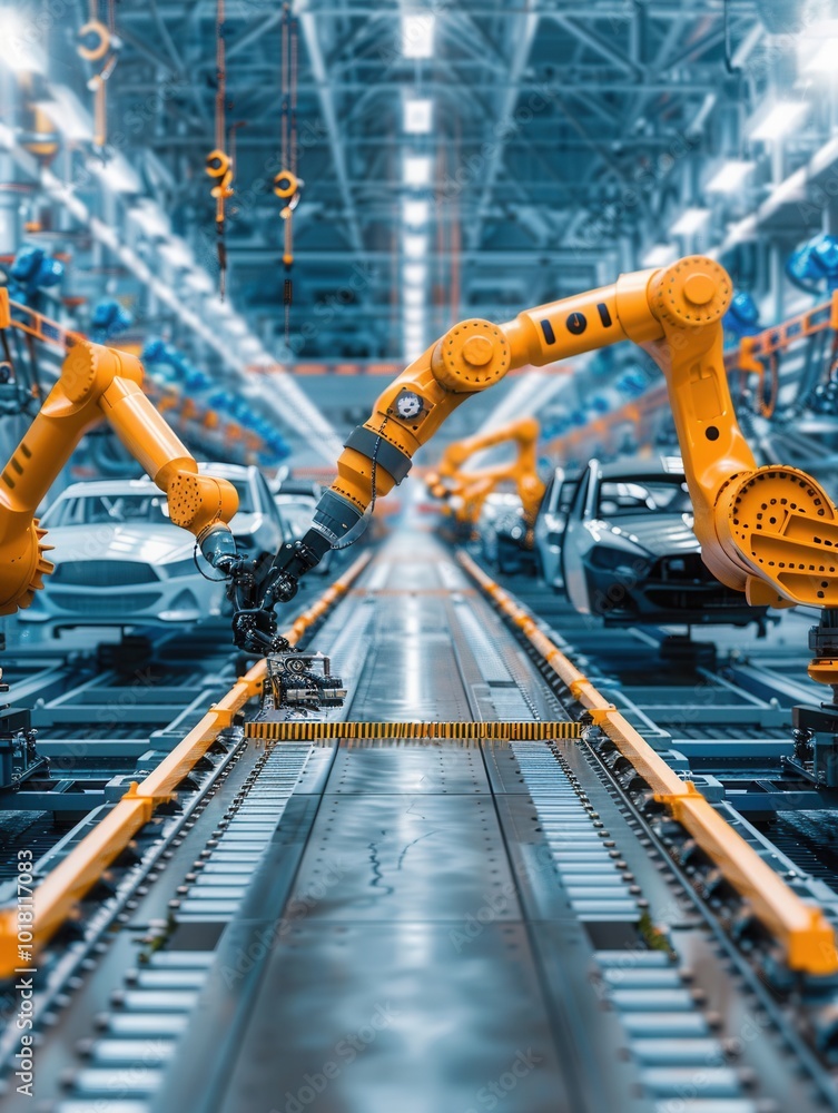 Fototapete advanced robotic arms perform precision tasks along a car assembly line, enhancing productivity in v
