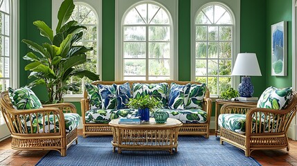 Bright, tropical living room with rattan furniture.