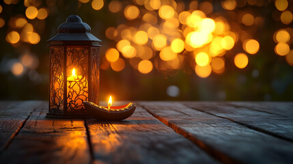 A serene lantern and oil lamp glowing against a bokeh backdrop.