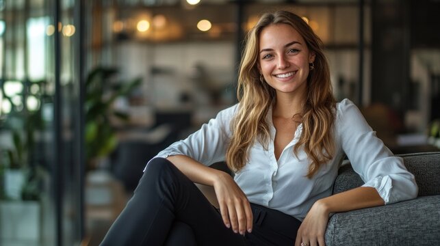Smiling Woman Sitting in a Modern Office