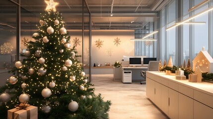 A softly lit office environment featuring minimalistic holiday décor, with delicate Christmas ornaments and soft lighting adding a touch of warmth and festivity to the workspace. 