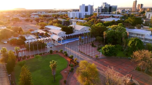 Drone-View Sunset of Gaborone Botswana's Parliament in HDR QUALITY