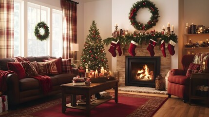 Fototapeta premium A warm and inviting living room showcasing traditional red and green Christmas decorations, including garlands, wreaths, and a glowing fireplace, creating a festive atmosphere in a realistic 