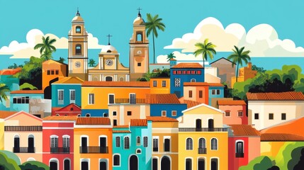 Flat Illustration of Salvador with Afro-Brazilian Heritage and Vibrant Street Life

