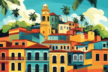Flat Illustration of Salvador with Afro-Brazilian Heritage and Vibrant Street Life

