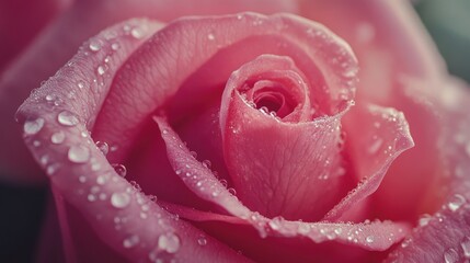 Close-up of a blooming pink rose with delicate petals, morning dew droplets glistening