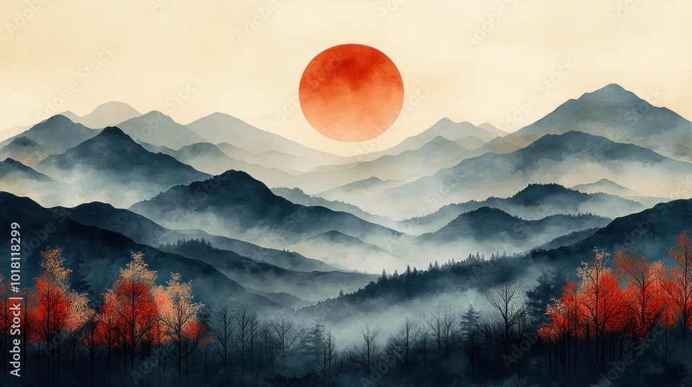 Sticker Serene Mountain Landscape with Red Sun