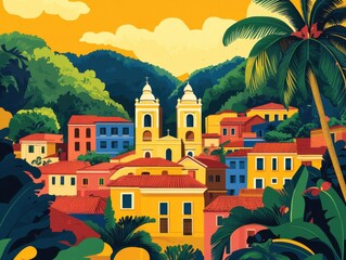 Flat Illustration of Olinda with Baroque Architecture and Carnival Spirit

