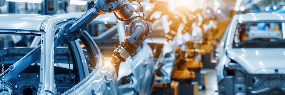 Poster Robotic arms efficiently perform assembly tasks on vehicles in a bustling manufacturing facility, showcasing advanced automation. Generative AI