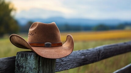 Close-up of a vintage cowboy hat with a leather band, placed on a rustic wooden fence with a country landscape