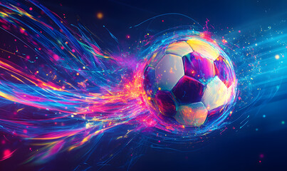 Fototapeta premium Dynamic Neon Football Action with Futuristic Geometric Patterns and Vibrant Light Trails for High-Energy Sports Advertising Backgrounds