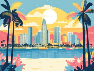 Flat Illustration of San Diego with Beachfront Promenades and Naval Heritage

