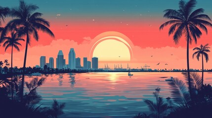 Flat Illustration of San Diego with Beachfront Promenades and Naval Heritage

