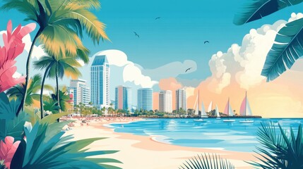 Flat Illustration of San Diego with Beachfront Promenades and Naval Heritage


