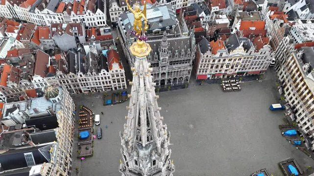 Drone shot of the tower of Brussels Town Hall, Belgium