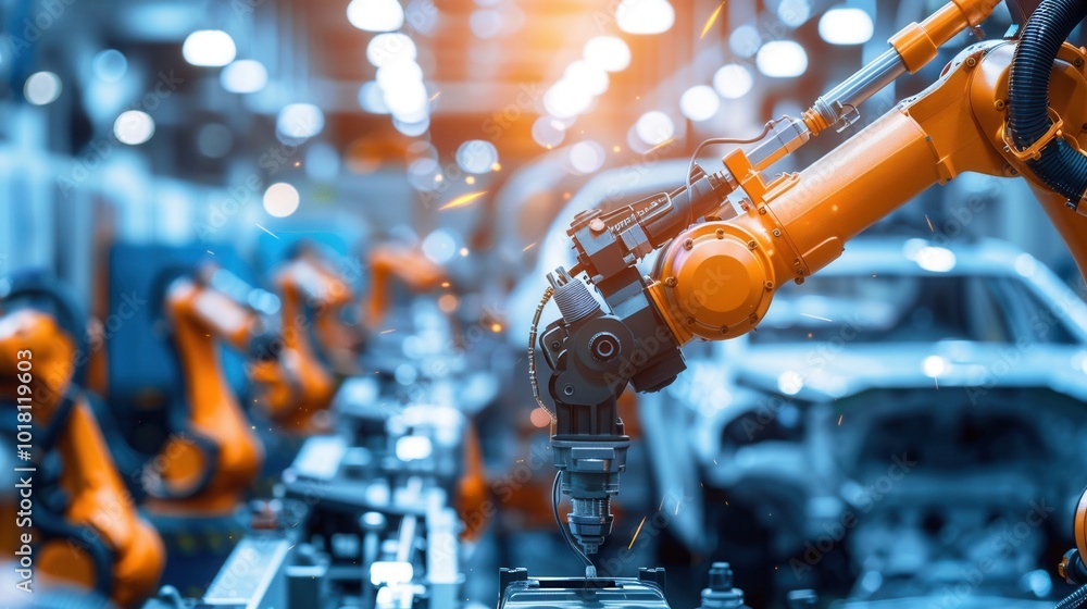 Poster robotic arms are conducting precise assembly tasks on vehicles along an advanced automotive producti