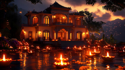 A serene twilight scene featuring a beautifully lit villa by water.