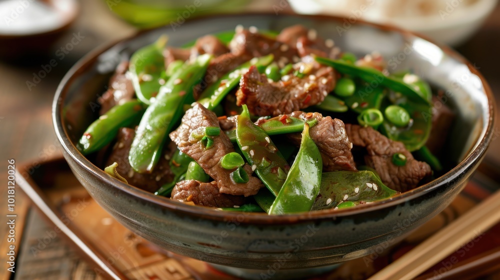 Wall mural Savory Beef Stir Fry with Snap Peas in a Bowl. Beef With Snow Peas