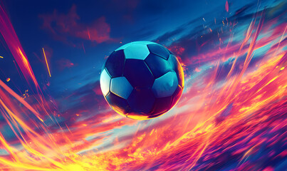 Fototapeta premium Dynamic Neon Football Action with Futuristic Geometric Patterns and Vibrant Light Trails for High-Energy Sports Advertising Backgrounds