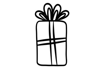 Hand drawn Doodle christmas gift box wrapped in paper and decorated with ribbons and bows. Outline packed festive present. Stock vector illustration isolated on white background.