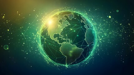 Fototapeta premium Map of the planet. Global social network. Future. Vector.Green futuristic background with planet Earth. Internet and technology. Floating Green plexus geometric background.