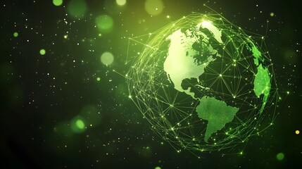 Map of the planet. Global social network. Future. Vector.Green futuristic background with planet Earth. Internet and technology. Floating Green plexus geometric background.