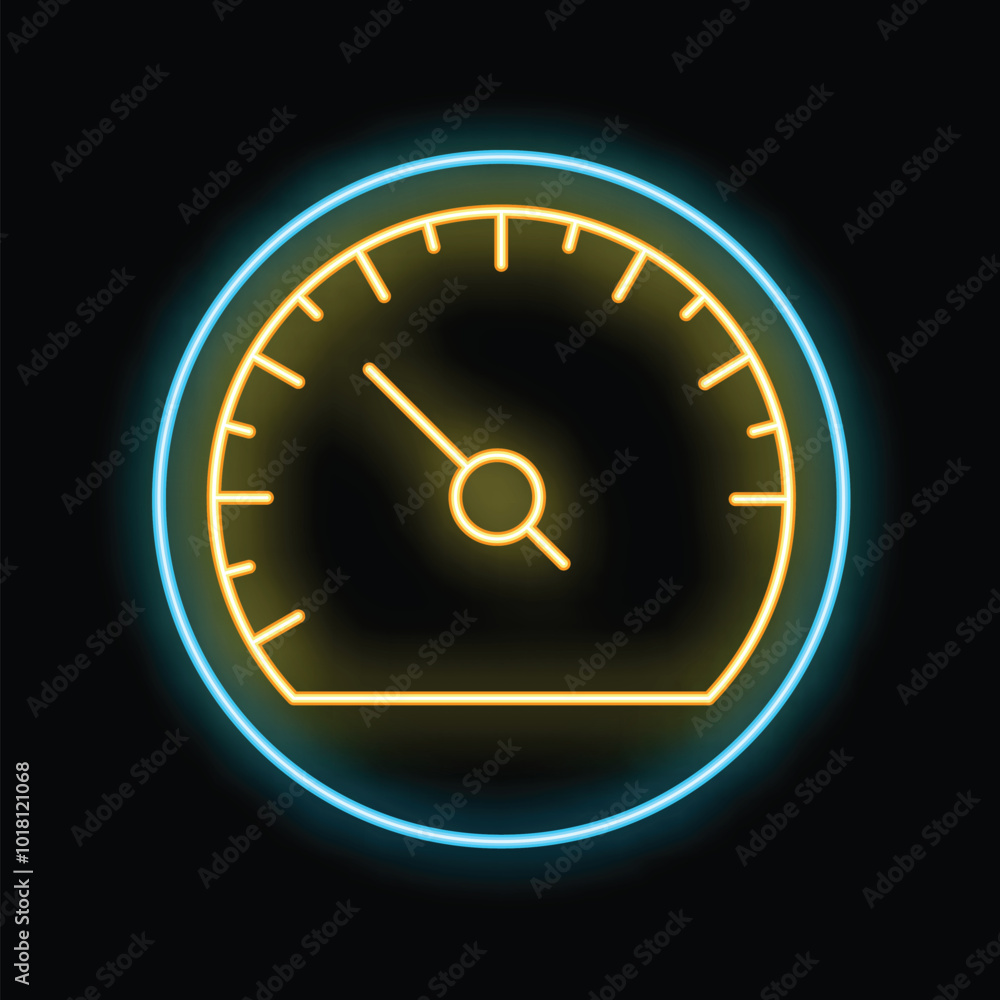 Poster neon icon of speedometer showing increasing speed with blue and yellow glowing lines on black backgr