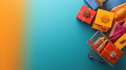 Diwali Gift Boxes in Shopping Cart with Colorful Decorations and Copy Space for Celebrations