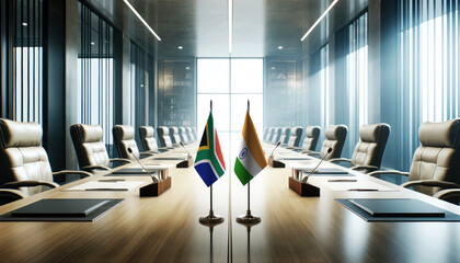 A modern conference room with South Africa and India flags on a long table, symbolizing a bilateral meeting or diplomatic discussions between the two nations.