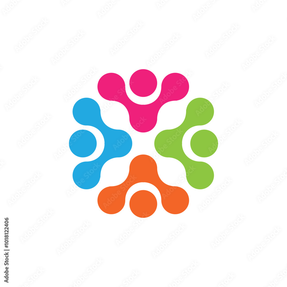 Poster this is a simple logo of four abstract people connected together symbolizing teamwork and togetherne