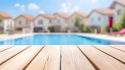Fototapeta premium A sunny poolside scene with a wooden deck, featuring a clear pool and residential homes in the background, creating a relaxed atmosphere.