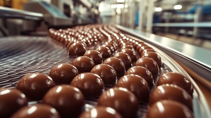 Chocolate candy moving on conveyor belt in a chocolate factory