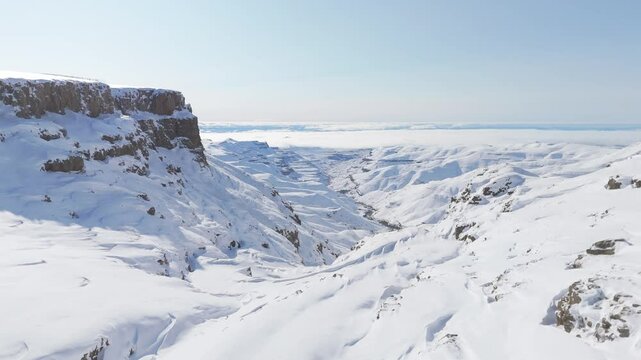 Fly out from top of Sani Pass, snowdrift covers the famous switchbacks, cliffs and landscape