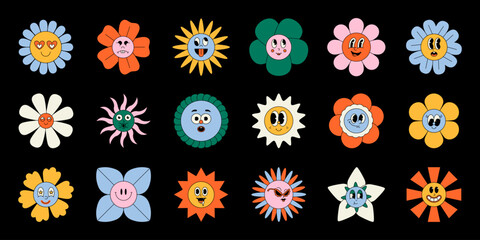 Groovy cartoon flower characters. Cute colorful retro 60s 70s 80s 90s floral hippie funky plants, abstract Y2k funny blossom faces. Vector isolated set