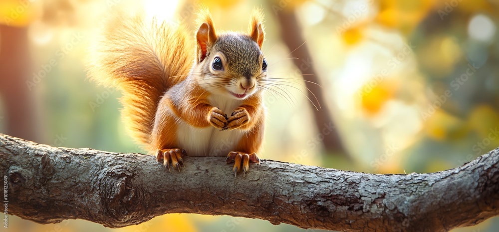 Poster a cute red squirrel sits on a tree branch in a forest.