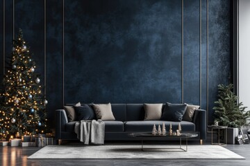 christmas decor infuses minimalist blue grey interior with sleek furniture subtle lighting, balancing cozy sophisticated vibes
