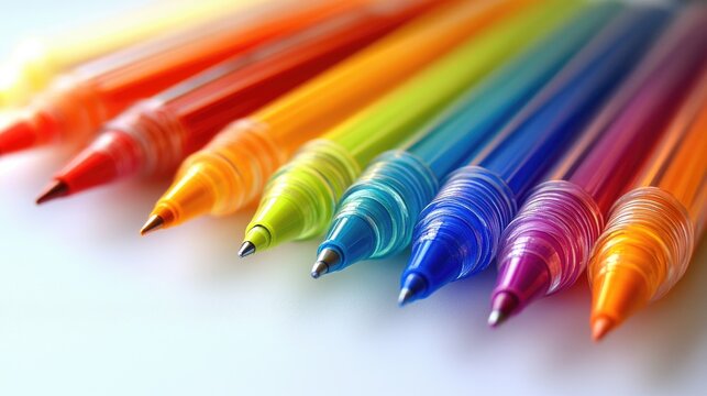 Detailed shot of a rainbow of colored pens laid out on a white surface, showing their different colors and tips