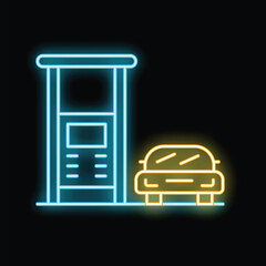 Glowing neon line electric car charging station icon isolated on black background. Neon concept. Vector