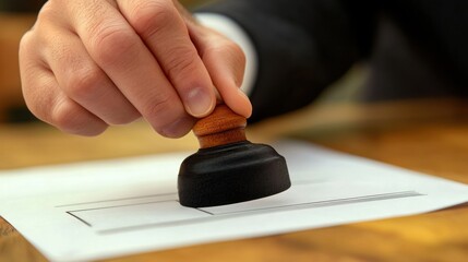 Fototapeta premium a person stamping an official document, symbolizing the process of granting authorization for legal or formal matters