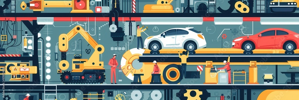 Aufkleber dedicated workers operate machinery to assemble car components in a busy, modern manufacturing envir