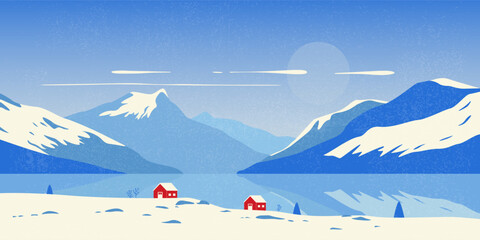 Winter mountain landscape. Scandinavian nature background with snow capped peaks, houses and fir trees, vintage print design for banner poster. Vector mid century illustration