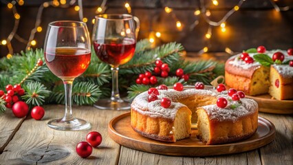 Naklejka premium A slice of festive Christmas cake with dried fruits and icing sits next to a steaming cup of mulled wine. Surrounded by cinnamon sticks, star anise, and Christmas decorations, the scene exudes cozy ho