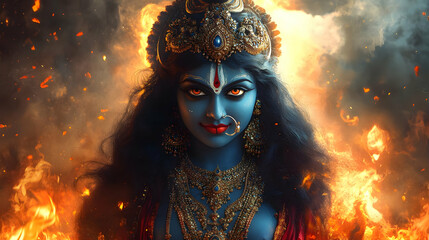 A vibrant depiction of the goddess Kali amidst flames.