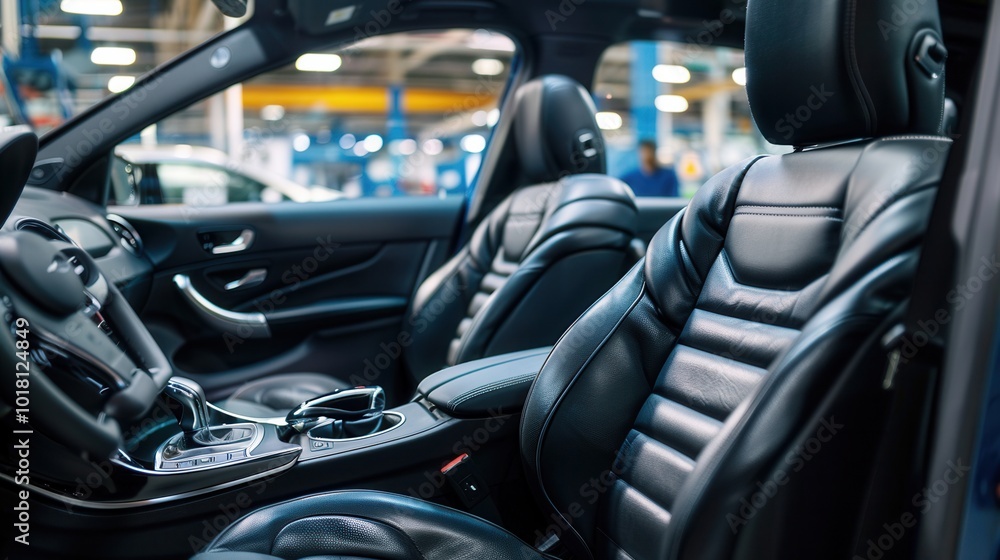 Poster Dedicated workers are engaged in the installation and inspection of car interiors within an automotive factory setting. Generative AI