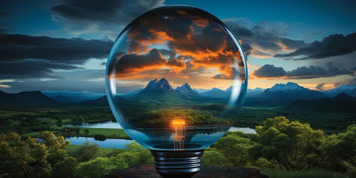 A luminous bulb holds a scenic vista of rolling hills, snow-capped peaks, and a golden sunset, highlighting the beauty and power of nature within the confines of human innovation.