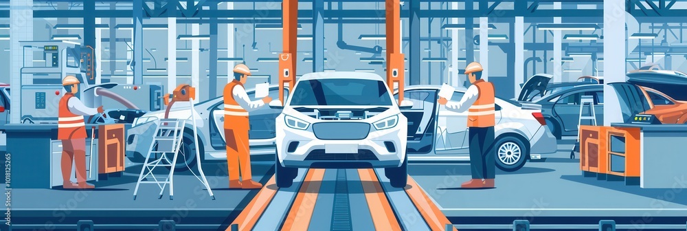 Poster workers are engaged in the installation and inspection of car interiors on a bustling factory floor,