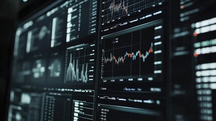 Obraz premium Detailed shot of financial data on a computer screen, including line graphs and performance indicators
