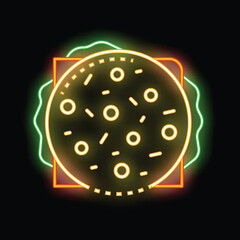 Glowing neon sign depicting a hamburger with lettuce and sesame seeds on a bun, set against a dark background